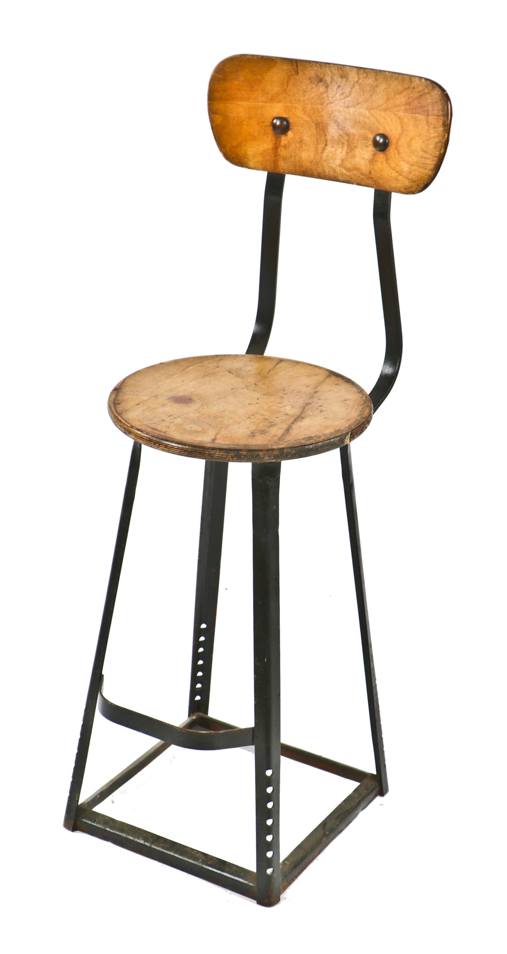depression-era antique american industrial reinforced four-legged riveted joint stationary factory machine shop stool with original maple backrest and circular seat
