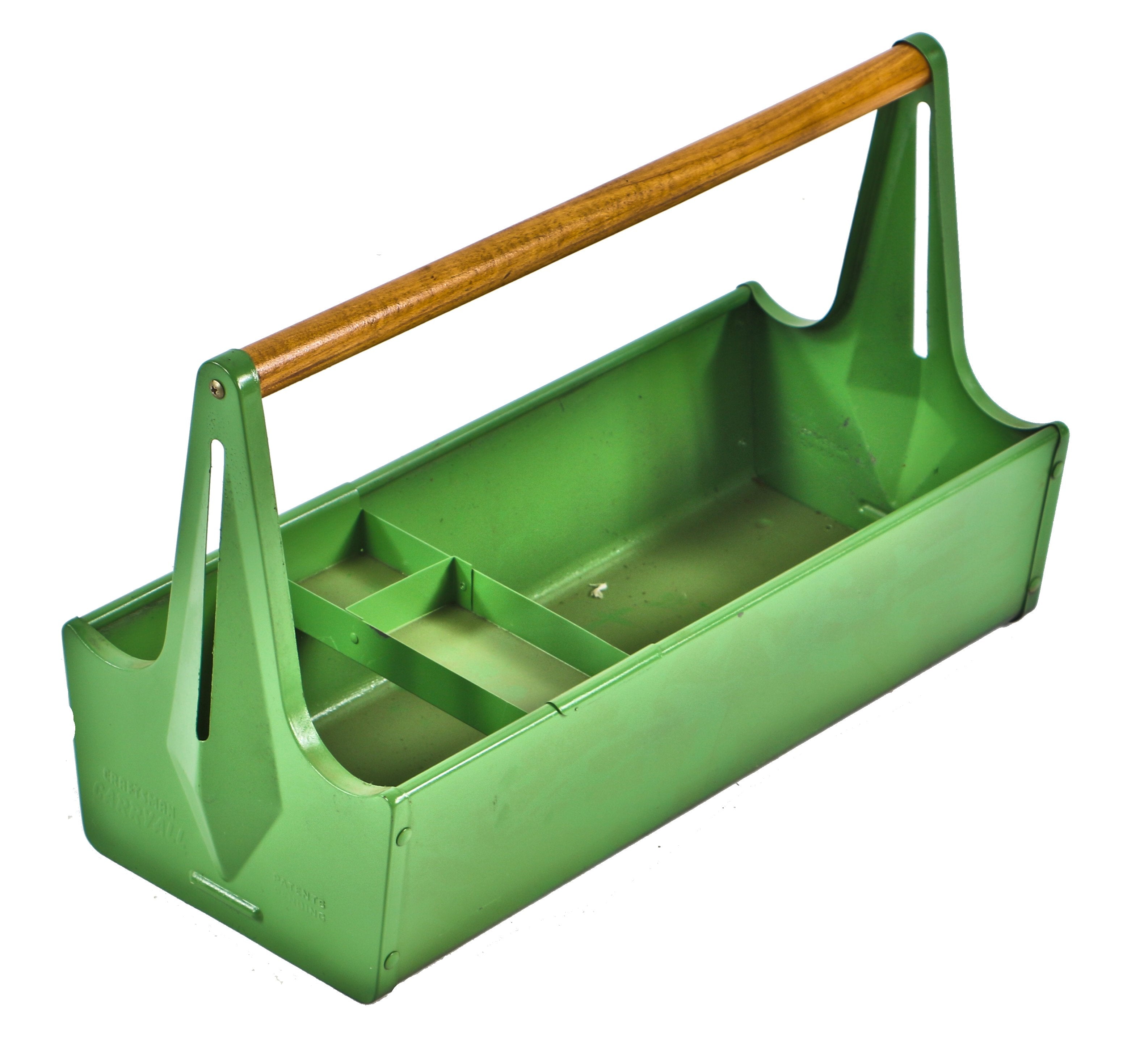 intact c. 1950's vintage american industrial lightweight pressed and folded green enameled steel portable "tote tray" with original turned wood handle