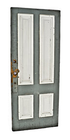 original c. 1870's antique american post fire fanciful salvaged chicago raised panel painted pine wood residential entrance door with nicely aged allover crazed finish