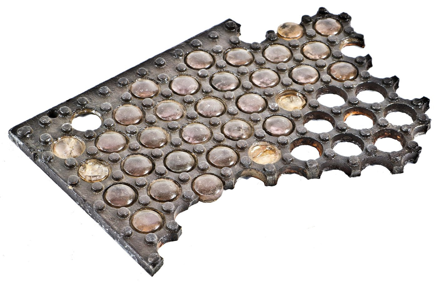 refinished oversized c. 1870's highly sought after american industrial chicago city sidewalk vaulted light cast iron panel fragment with embossed letter glass rondels