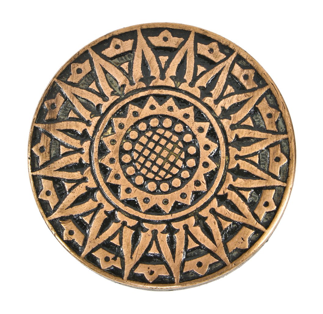 19th century original antique american ornamental cast bronze interior residential "compass rose" pattern interior residential drum-shaped doorknob with black enameled inlay
