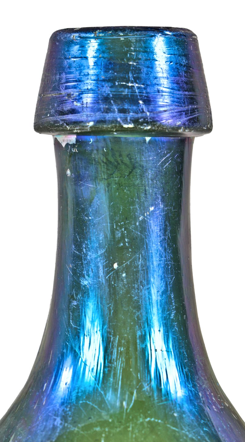 very rare and attractive intact antique c. 1850-1854 heavily irridized dark green glass pontiled soda style bottle fabricated for new orleans bottler frederick augustus conant