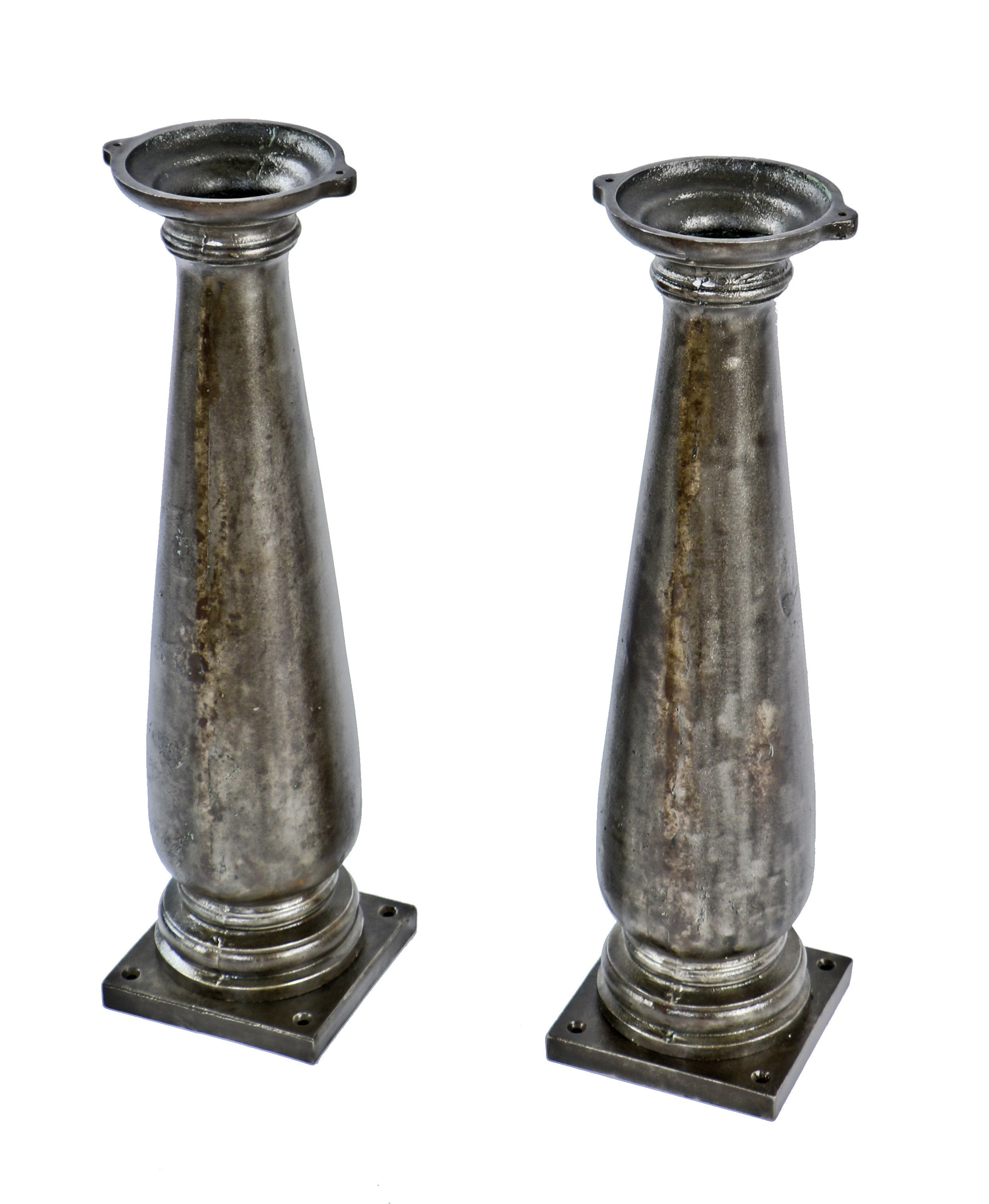two matching early 20th century antique american industrial turned and tapered cast iron factory oversized platform scale columns or posts with brushed metal finish