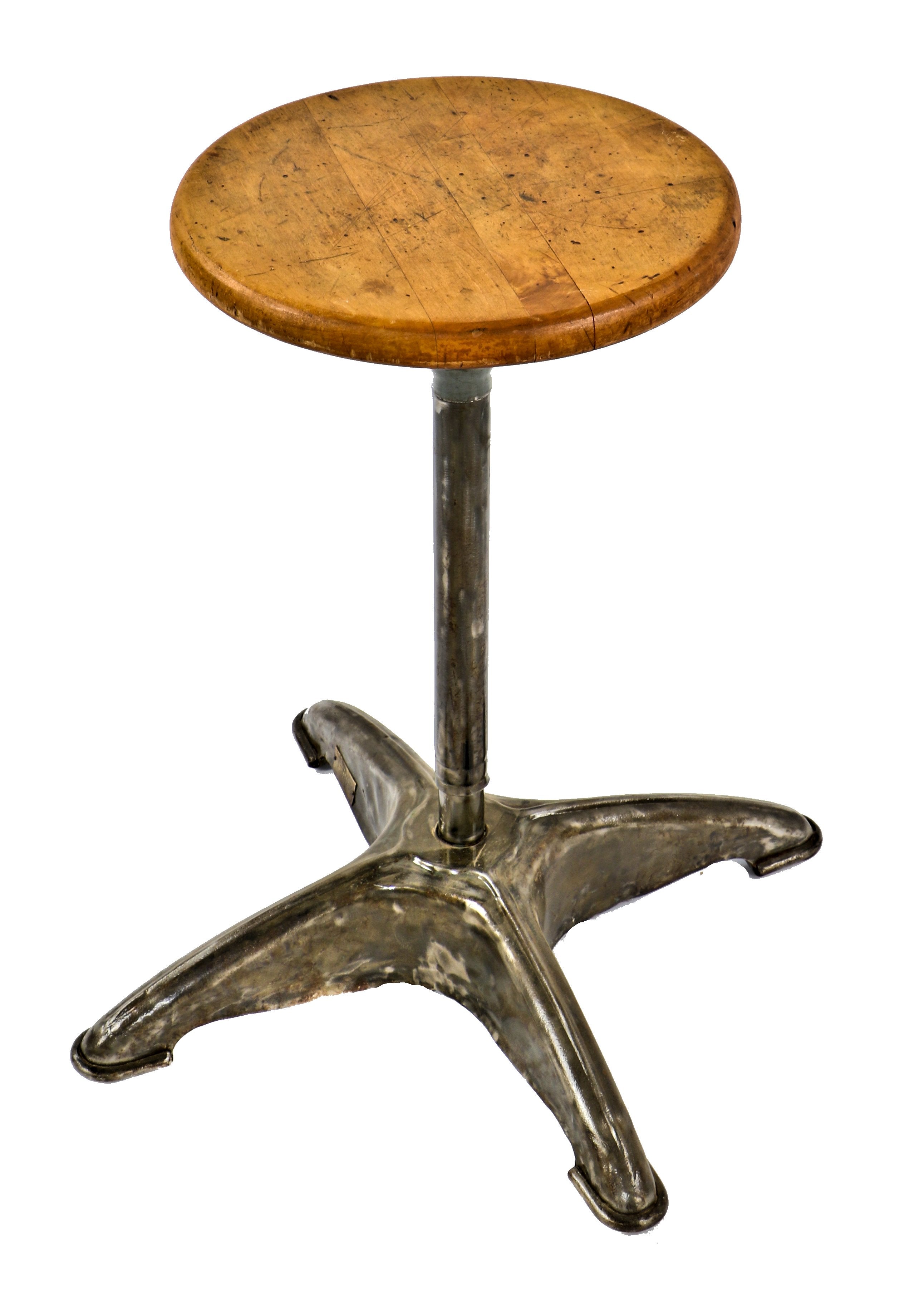 c. 1940's american vintage industrial university of chicago "adjustrite" stationary laboratory stool with original and intact solid maple wood seat