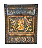very clean and well-maintained late 19th or early 20th century antique american ornamental copper-plated stamped steel figural dawson fireplace gas insert