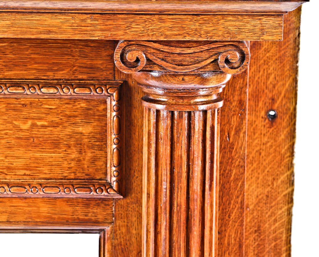 wonderfully maintained all original golden oak wood interior residential two-flat salvaged chicago fireplace half mantel with solid fluted columns and ionic capitals