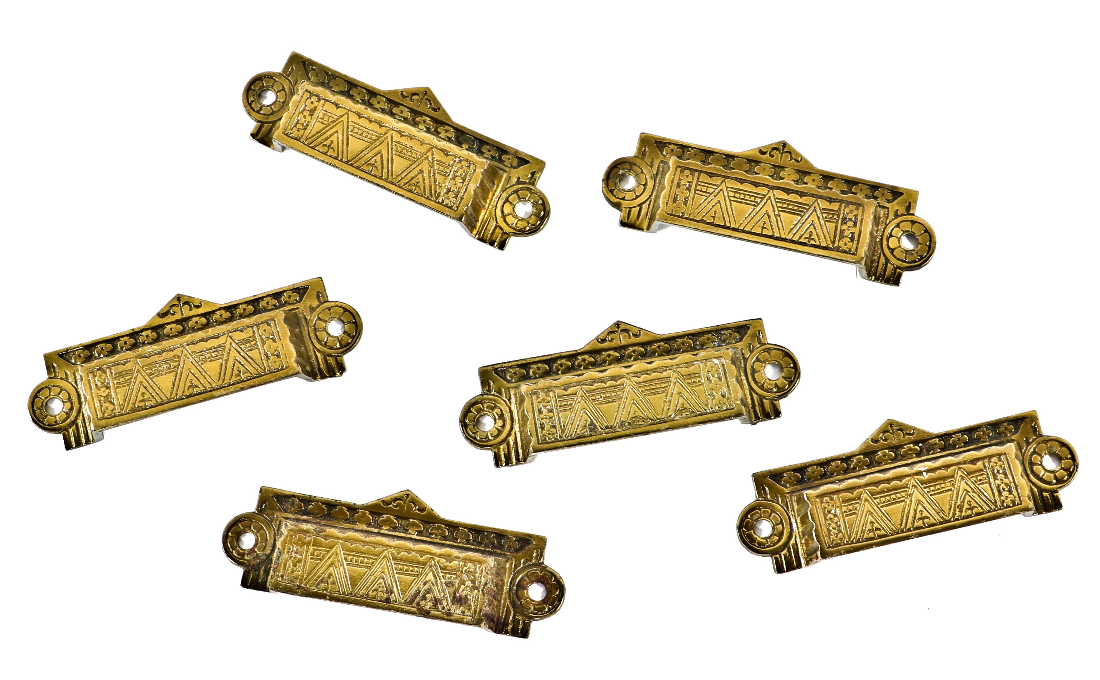 six matching original 19th century antique american interior brass-plated "criss cross" pattern interior residential cast iron built-in cabinet drawer pulls