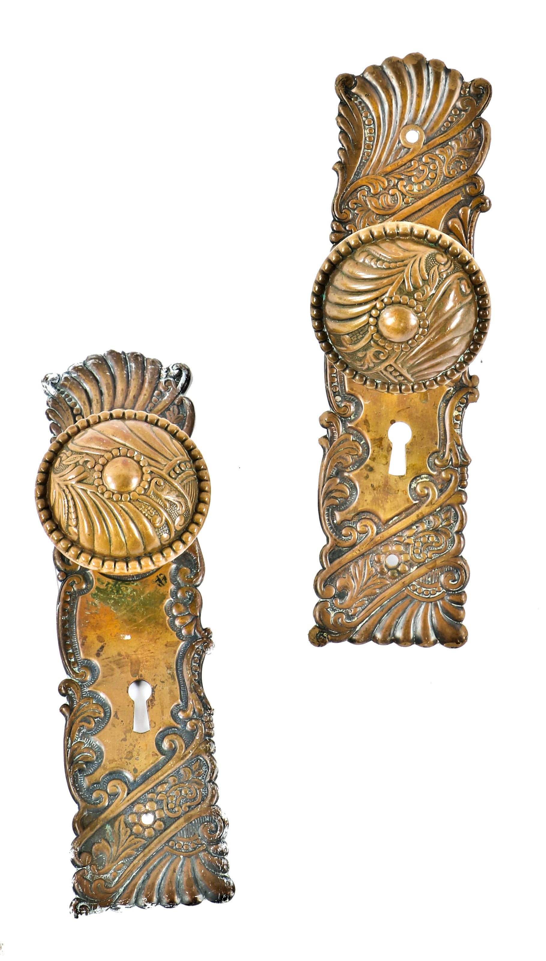 matching set of original salvaged chicago late 19th or early 20th century "roanoke" pattern wrought brass residential passage door hardware with nicely aged surface patina