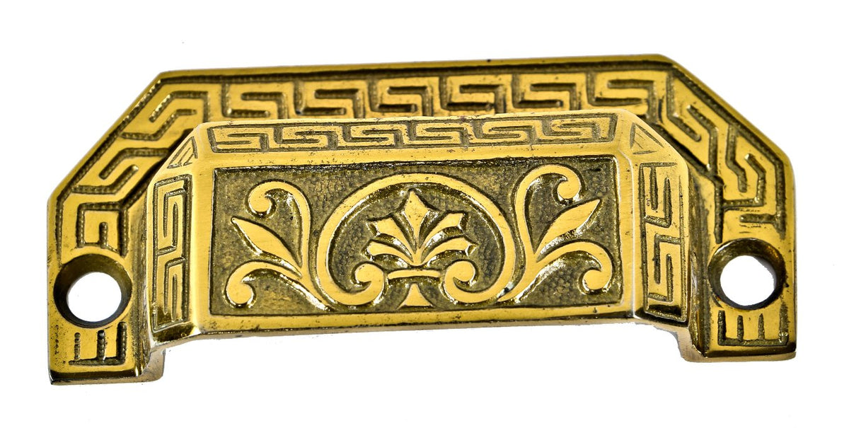 group of original 19th century ornamental cast brass interior residential pantry cabinet drawer pulls with distinctive neo-grec border and centrally located palmettes