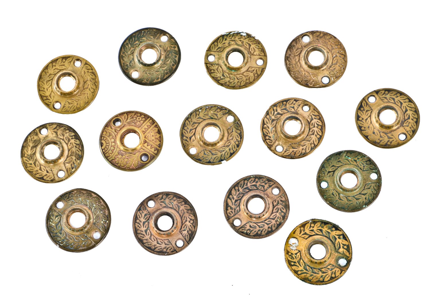large lot of matching c. 1880's salvaged chicago ornamental cast brass interior residential circular-shaped passage door rosettes with grooved thimbles