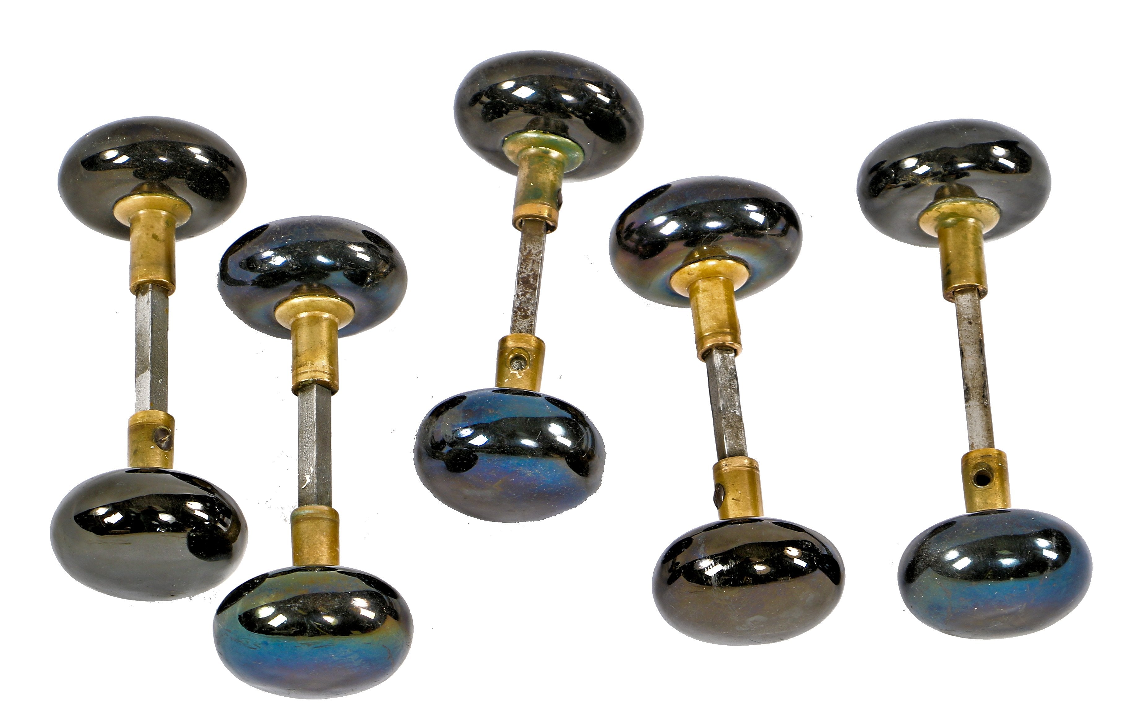 matching of original and intact 1880's "jet black" glazed porcelain or ceramic interior residential doorknobs with highly desirable cast brass shanks