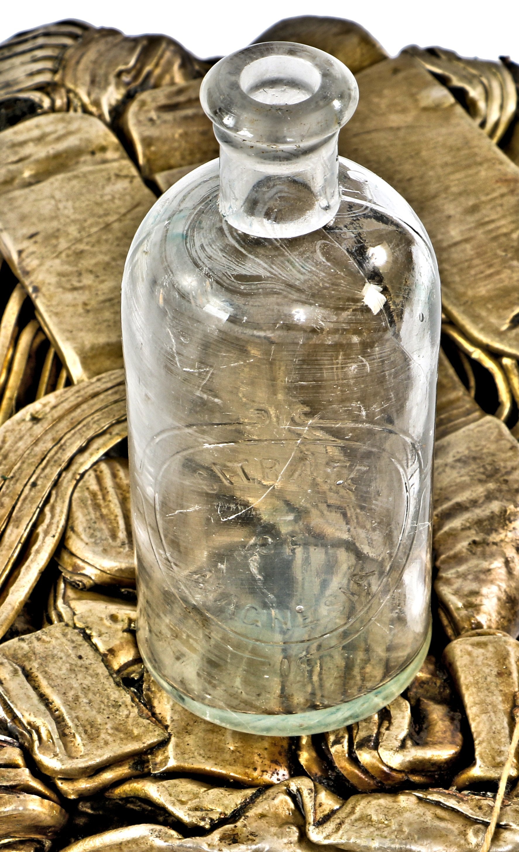 all original and completely intact late nineteenth century antique american privy dug clear glass "citrate magnesia" bottle fabricated for unknown manufacturer
