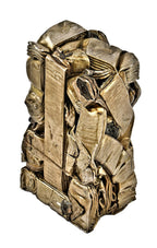 visually distinctive and incredibly heavy single crushed brass metal "briquette" display object consisting of recycled radiator components and/or piping