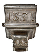 rare 19th century salvaged chicago ornamental cast iron exterior residential rain gutter collector box with deeply embossed "1871" date