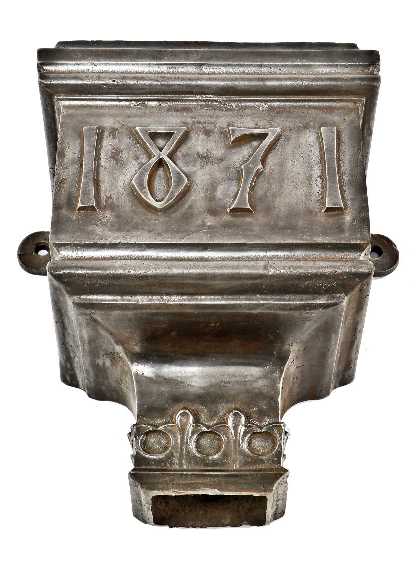 rare 19th century salvaged chicago ornamental cast iron exterior residential rain gutter collector box with deeply embossed "1871" date