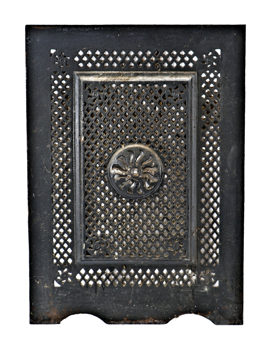 19th century original and intact ornamental cast iron heavily perforated interior chicago residential marbleized slate mantel summer cover with uniform black enameled finish