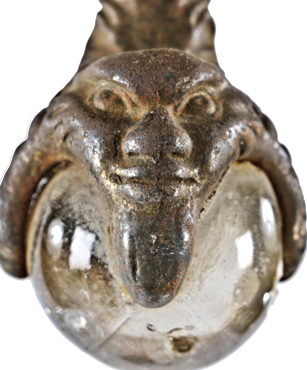 four matching original antique american darkly varnished turned solid oak wood furniture table legs with ornamental figural cast iron and glass "ball and claw" feet