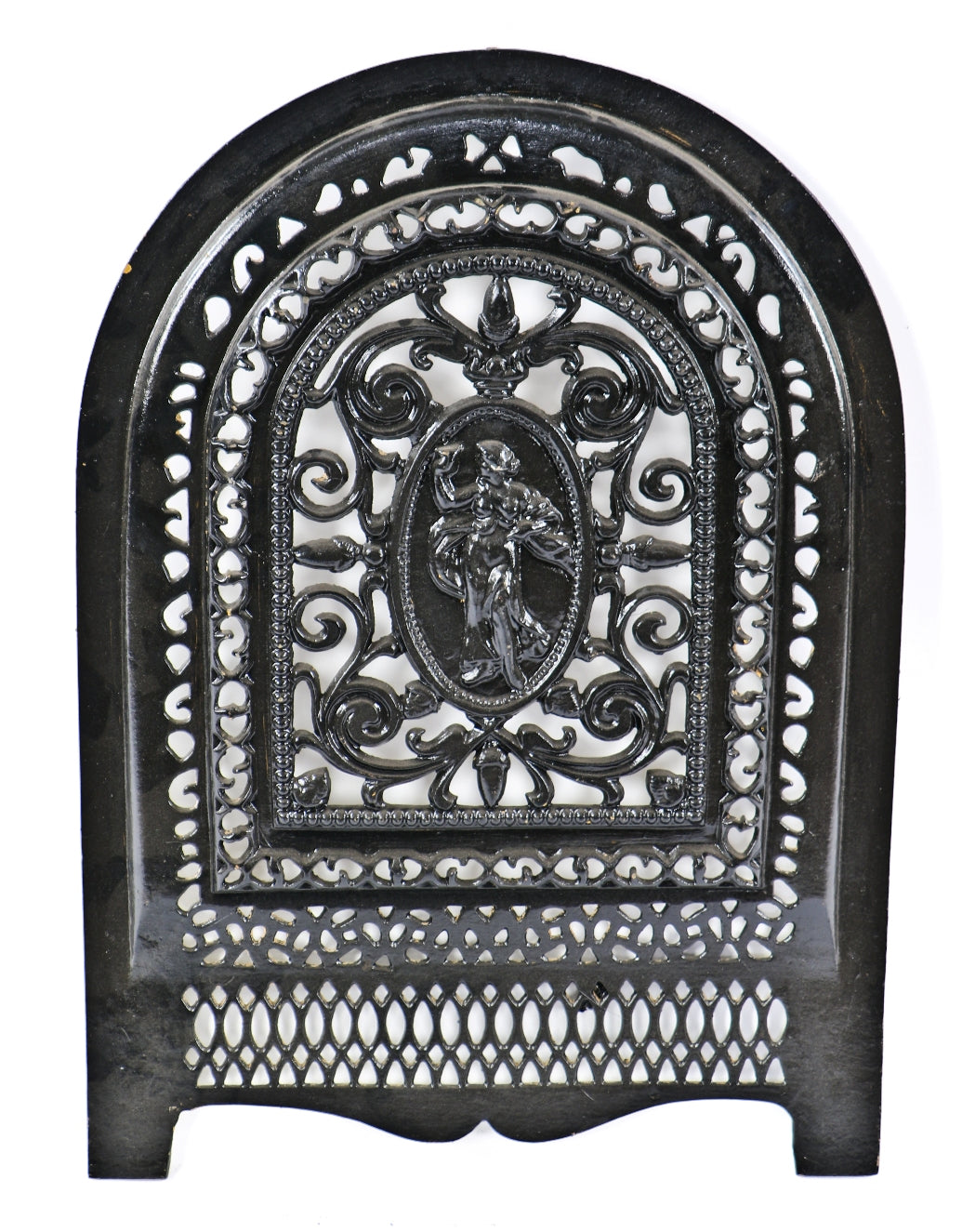 original late 1860's highly ornate antique american victorian era residential black enameled fireplace arch top summer cover with full-figured embossed woman in dress