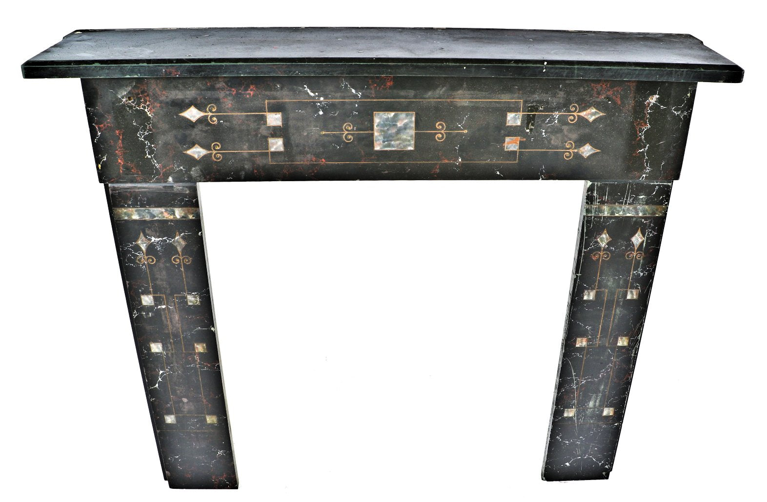 original 19th century antique american salvaged chicago marbleized slate fireplace mantel with lightly incised design motifs accentuated with gold leaf