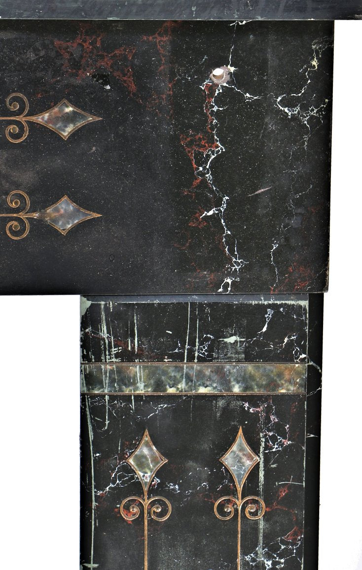 original 19th century antique american salvaged chicago marbleized slate fireplace mantel with lightly incised design motifs accentuated with gold leaf