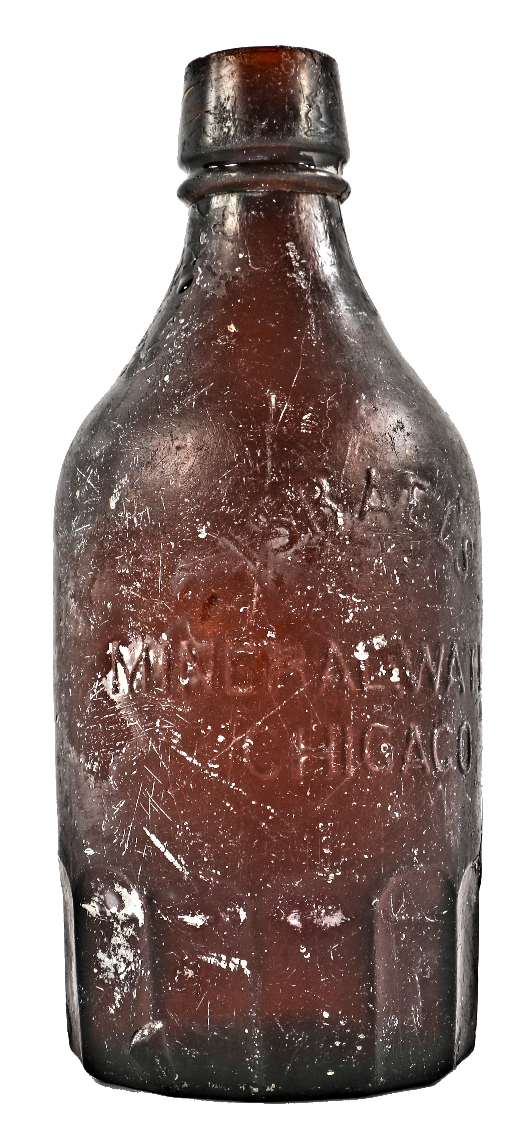single exceptionally rare antique american nineteenth century medium amber glass quart size bottle of "israel's mineral water" dug from a chicago area privy pit