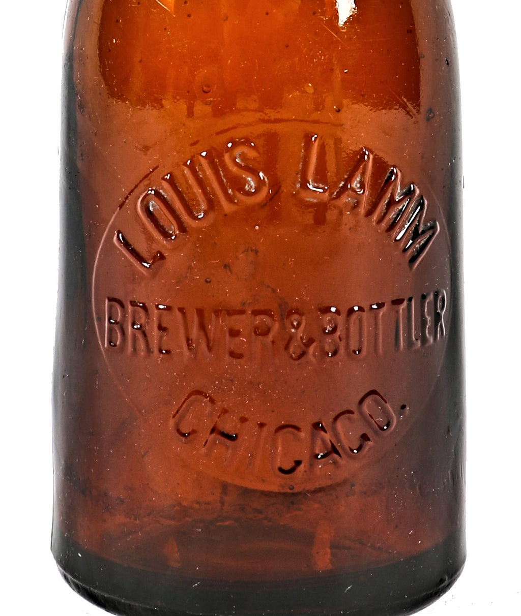 all original and intact c.1890's blobtop amber glass weiss beer bottle with original lightning closure manufactured for chicago bottler louis lamm