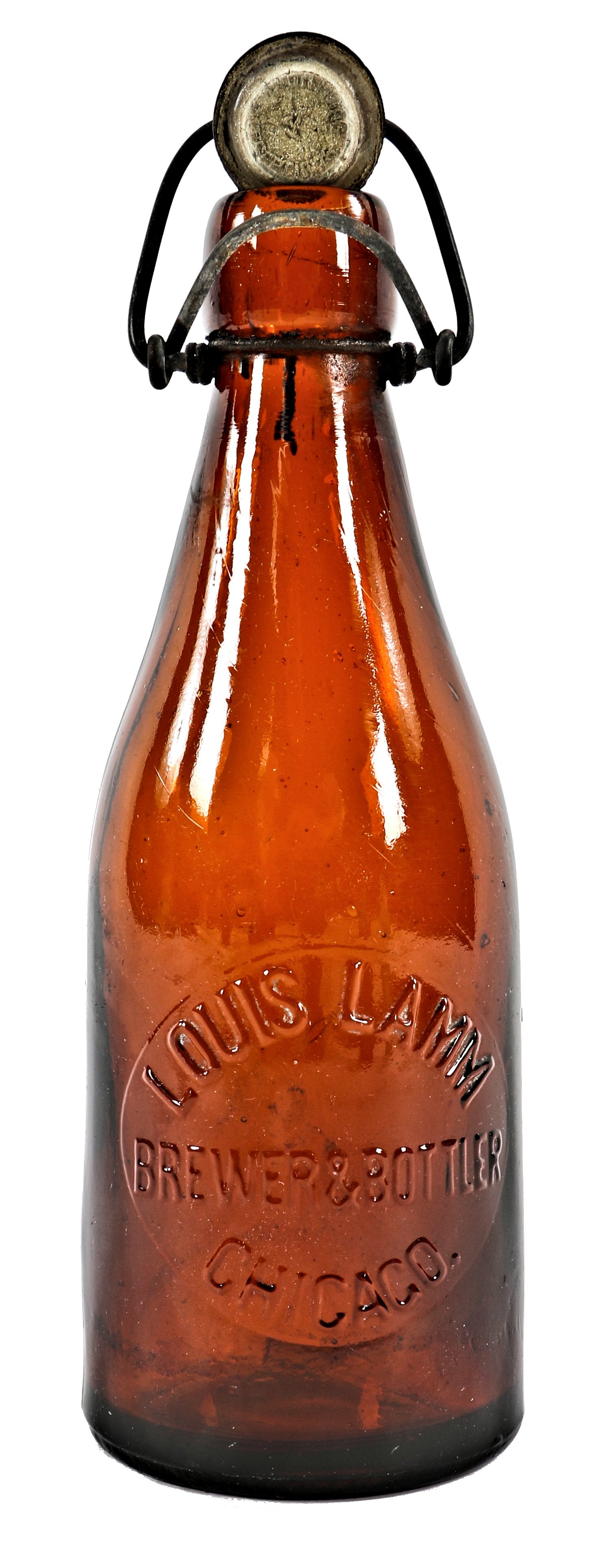 all original and intact c.1890's blobtop amber glass weiss beer bottle with original lightning closure manufactured for chicago bottler louis lamm
