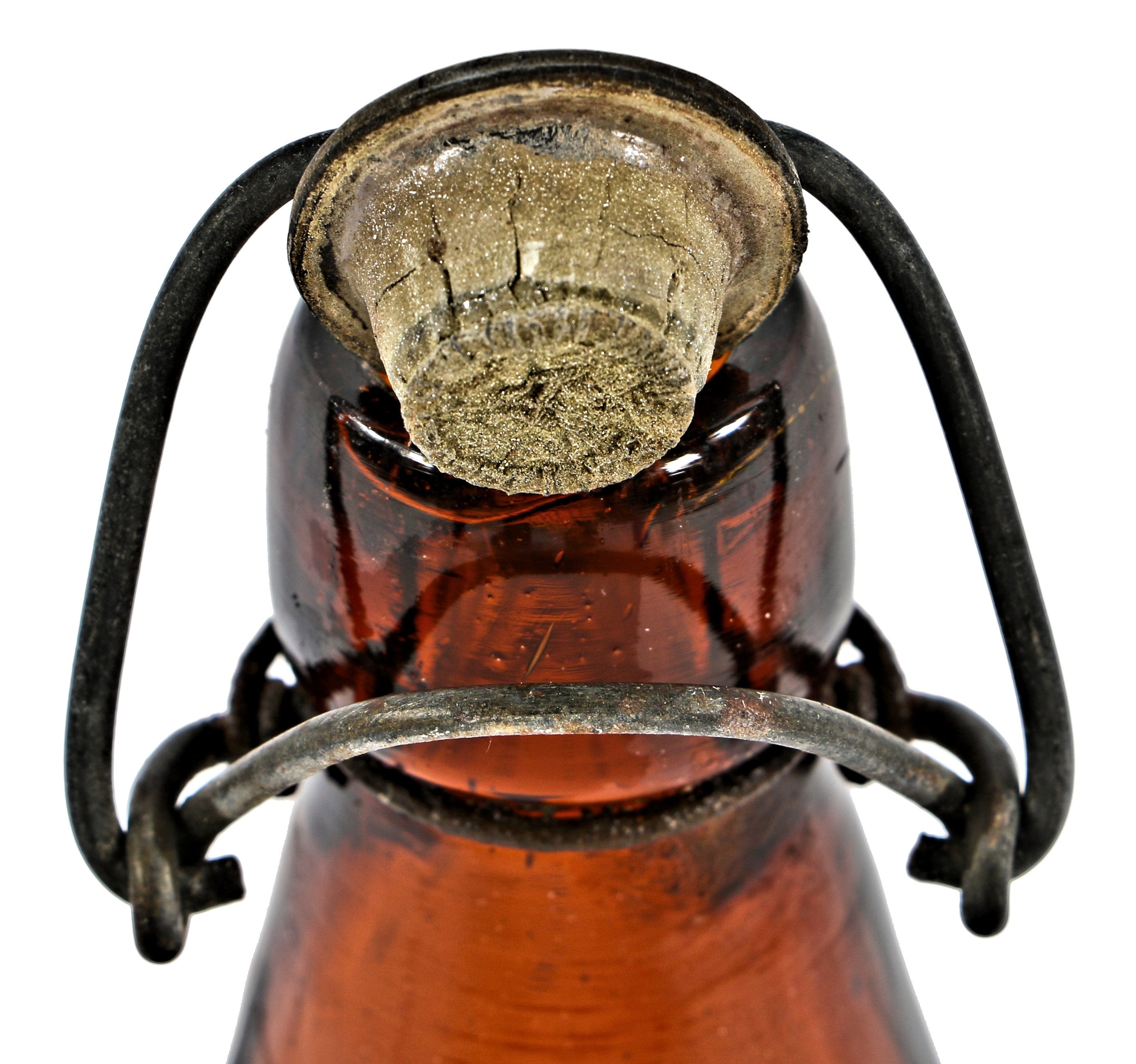 all original and intact c.1890's blobtop amber glass weiss beer bottle with original lightning closure manufactured for chicago bottler louis lamm