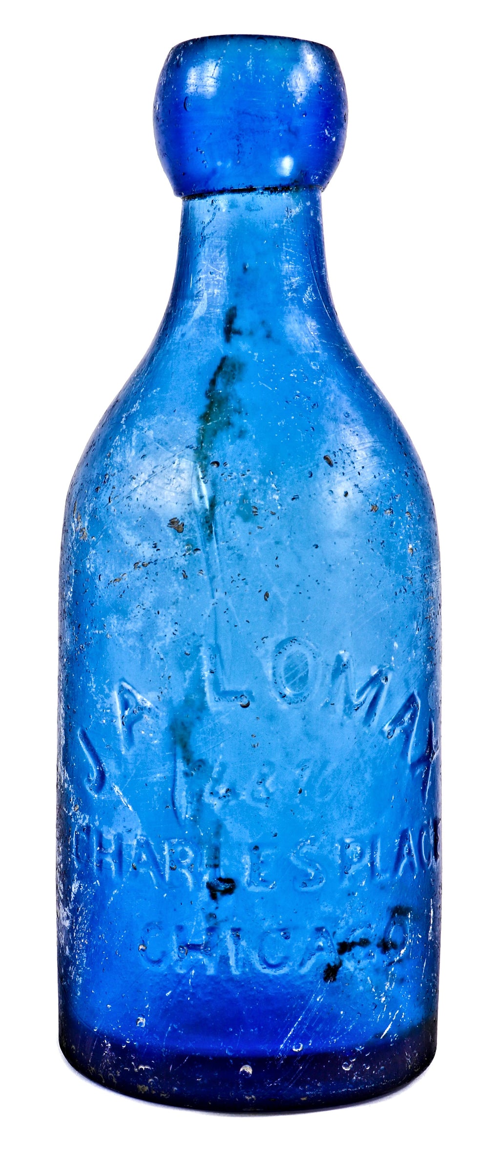 single antique all original nineteenth century cobalt blue antique american privy dug applied blobtop soda or mineral water bottle with "jal" embossed base