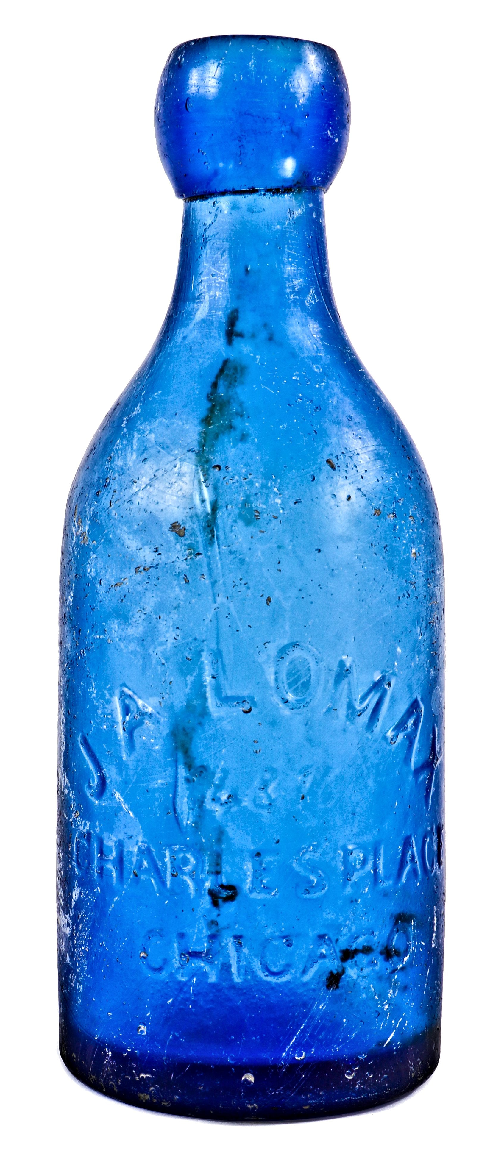 single antique all original nineteenth century cobalt blue antique american privy dug applied blobtop soda or mineral water bottle with "jal" embossed base
