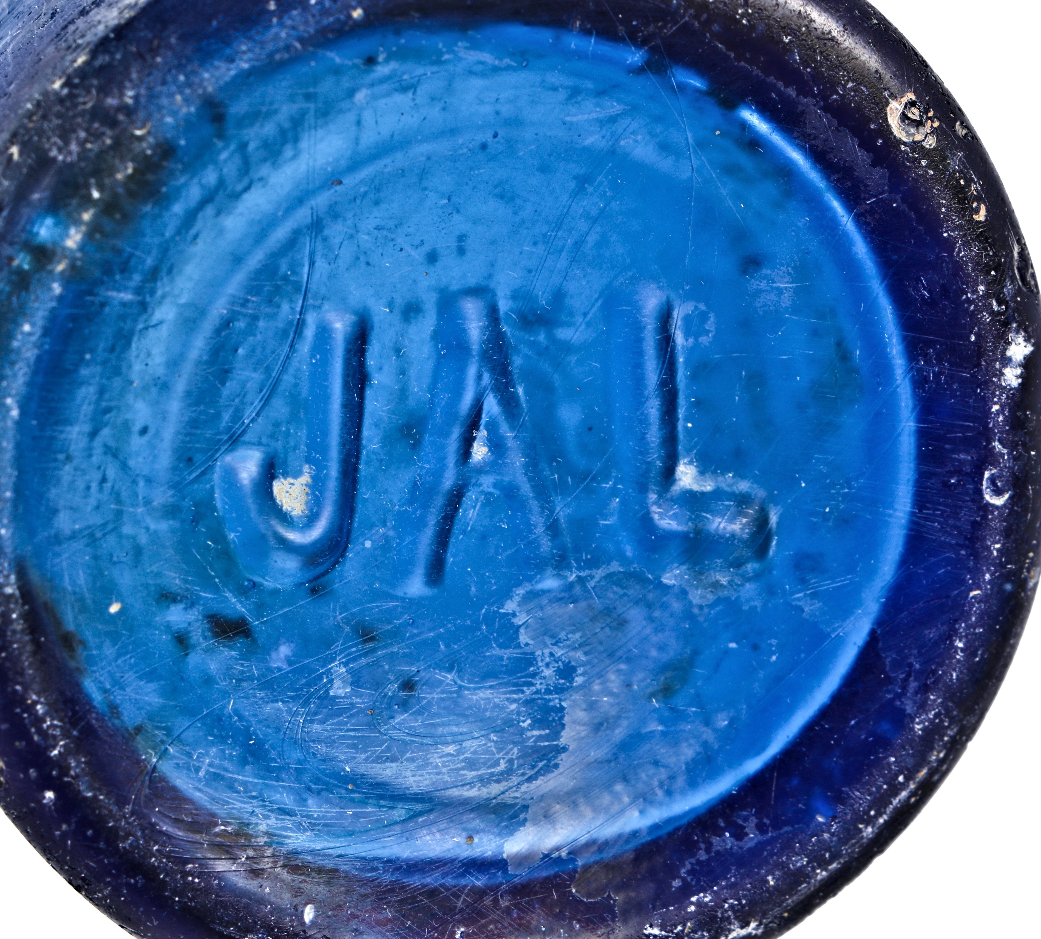 single antique all original nineteenth century cobalt blue antique american privy dug applied blobtop soda or mineral water bottle with "jal" embossed base
