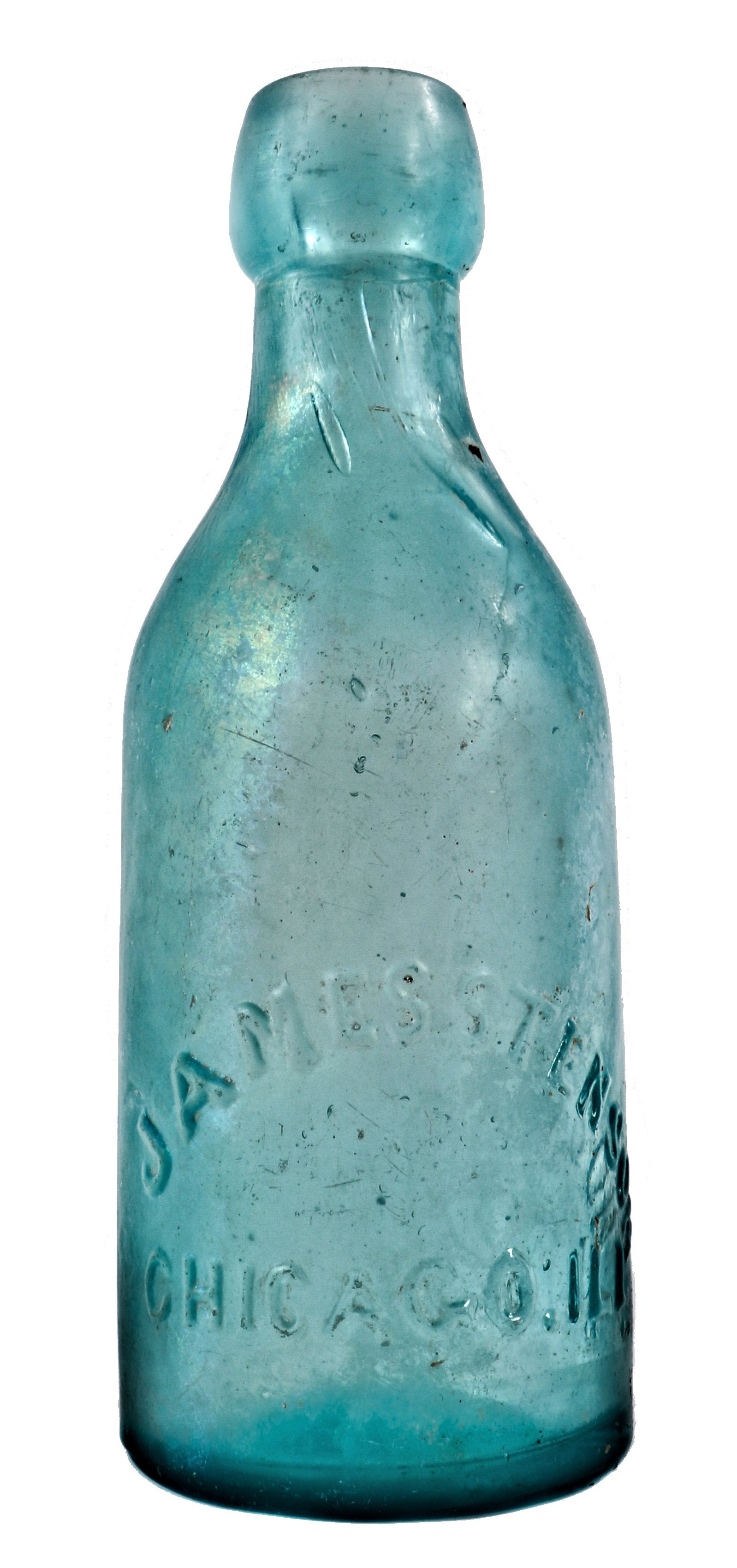 single all original and completely intact nineteenth century deep aqua blue glass squat soda bottle manuactured for james stenson in chicago, ills/