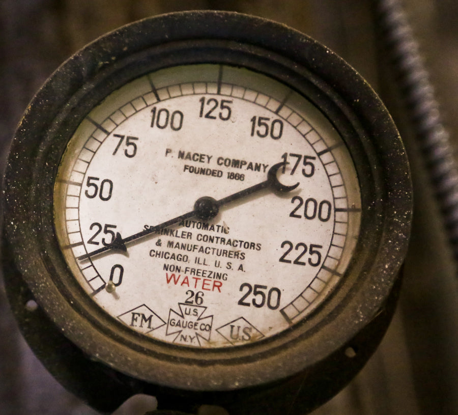 hard to find and completely intact industrial early 20th century crane brothers factory salvage steam pressure gauge designed for the p. nacey company in chicago, il.