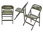 group of three matching all original heavy gauge steel army green enameled riveted joint pressed and folded collapsible sitting chairs with stenciled lettering
