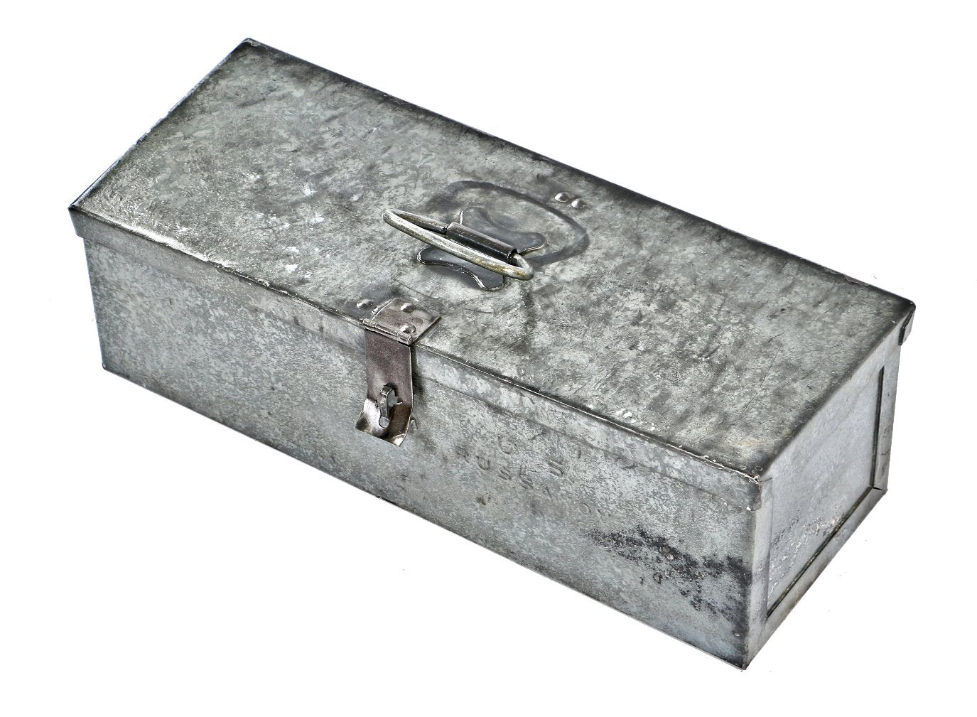 original heavy duty vintage american industrial portable "russakov" galvanized steel toolbox with riveted joint drop handle and lockable hasp
