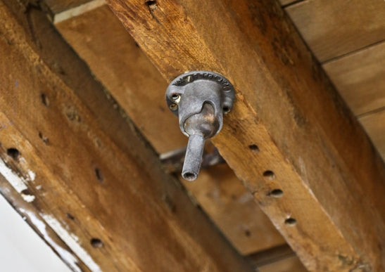 pair of 19th century crane brothers factory building ceiling or wall-mount faries wood and cast iron ball joint ceiling cap pendant lights or sconces with swivel sockets