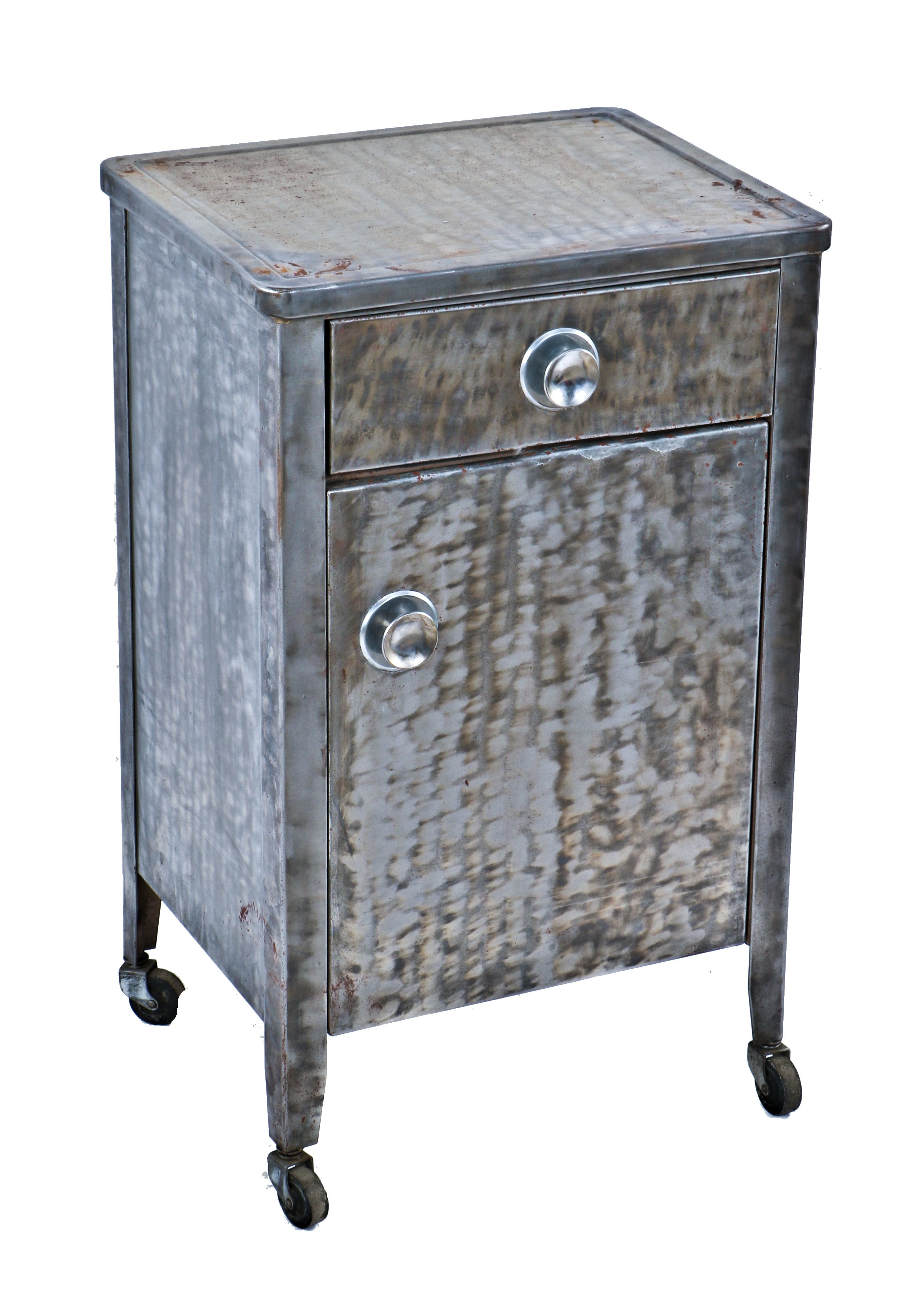 original depression era fully funcctional american medical cold-rolled steel hospital mobile supply cabinet with stylized "cup" handles and intact swivel casters