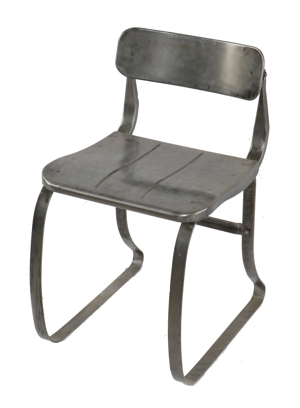 thoroughly refinished late 1930's antique american industrial folded and pressed heavy gauge steel ironrite "health" armless chair with applied clear coat sealant