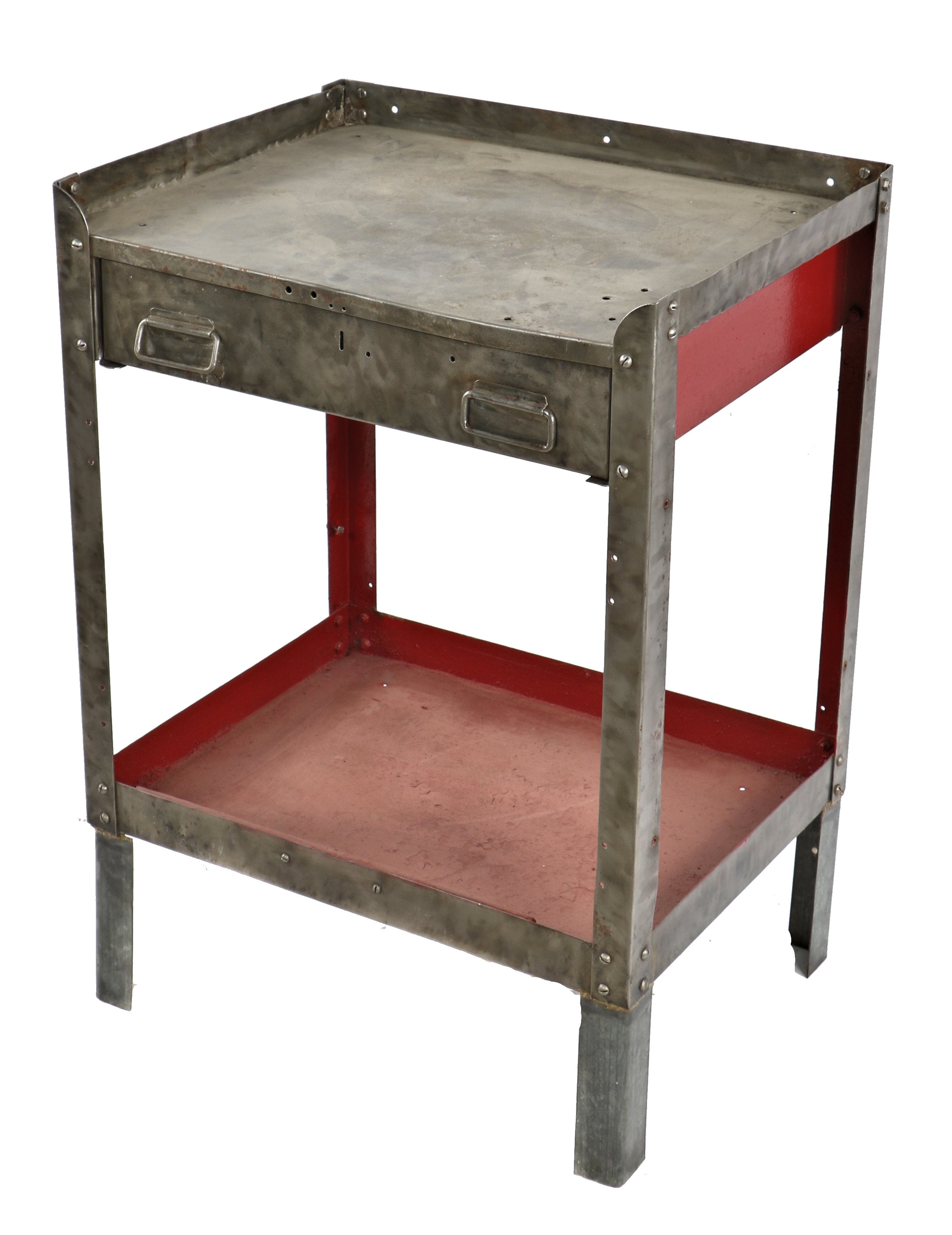 refinished c. 1930's antique american industrial pressed and folded heavy gauge steel work table with single pull-out drawer containing matching drop handles