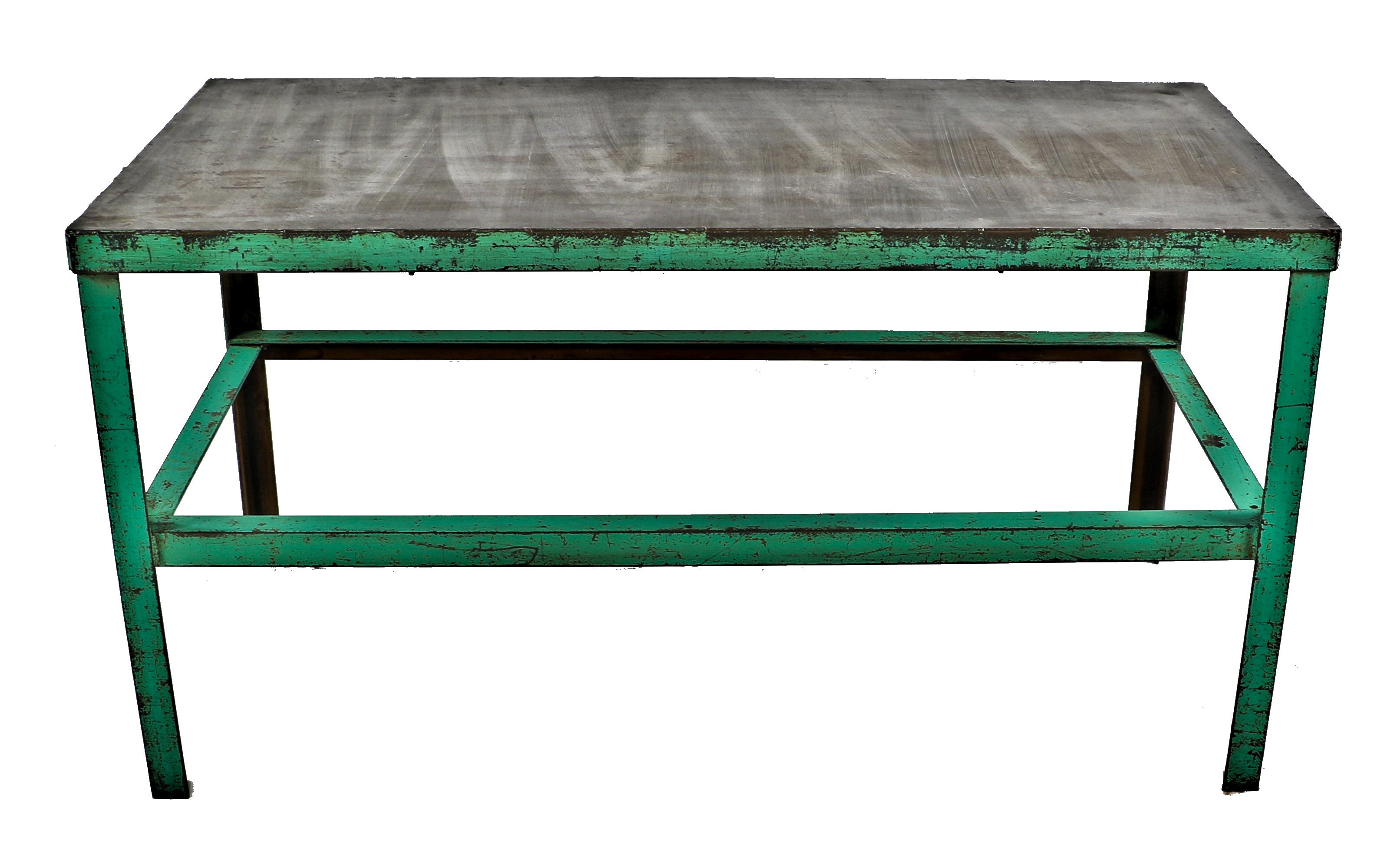 nice-sized original and robust factory green enameled all-welded joint stationary factory machine shop table with a mostly uniform brushed metal finish sealed with a clear coat lacquer