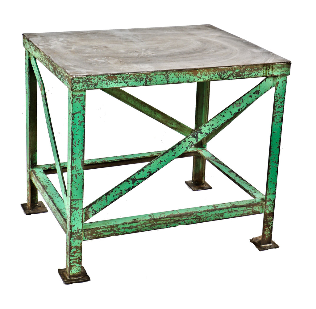well-built c. 1940's american industrial four-legged "factory green" enameled all-welded joint stationary factory machine shop table with a uniform brushed metal tabletop