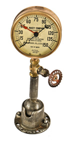 hard to find and completely intact industrial early 20th century crane brothers factory salvage steam pressure gauge designed for the p. nacey company in chicago, il.