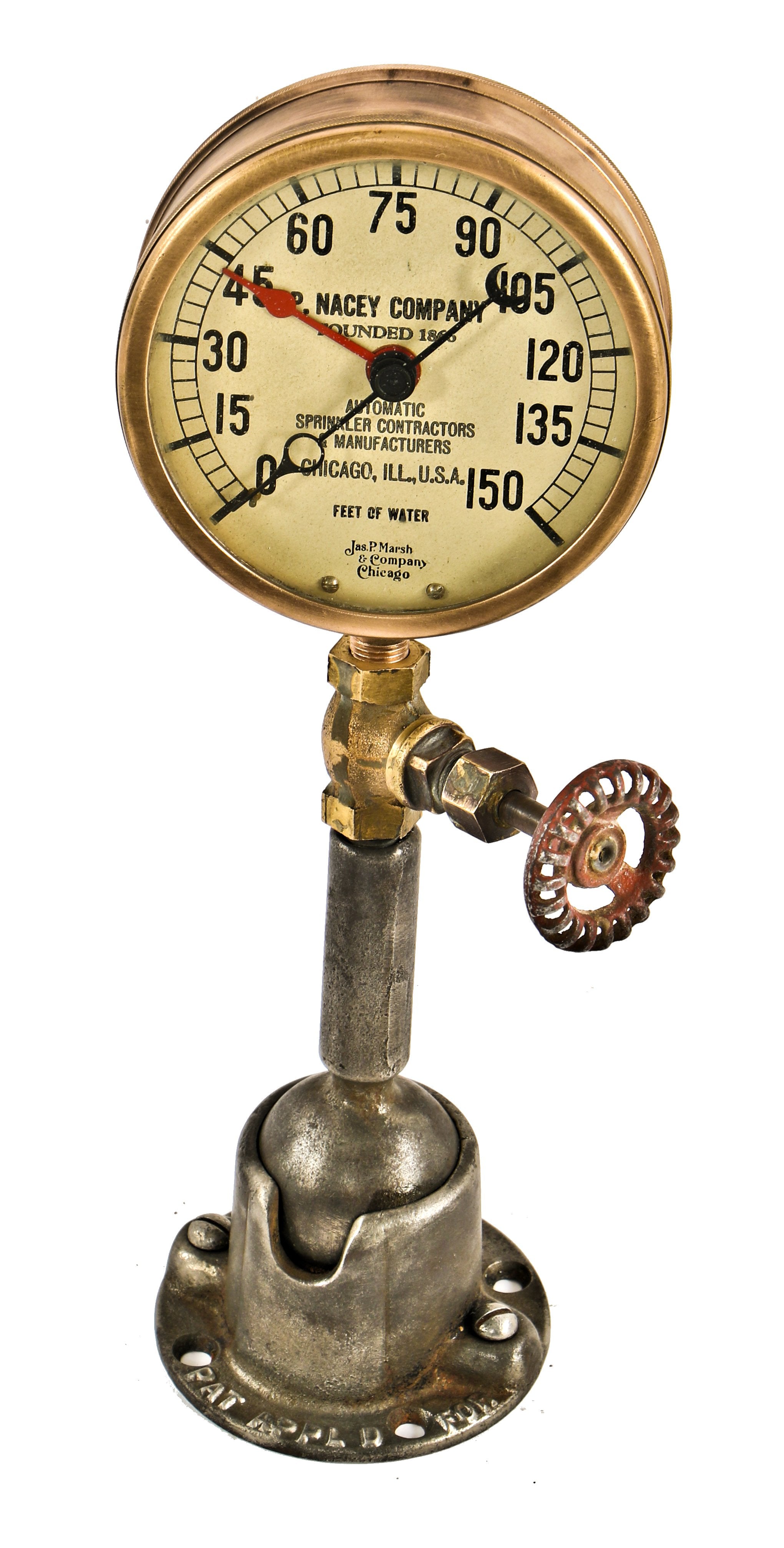 hard to find and completely intact industrial early 20th century crane brothers factory salvage steam pressure gauge designed for the p. nacey company in chicago, il.