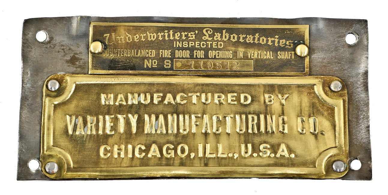 single early 20th century original crane brothers factory building riveted joint brass and iron "variety" elevator door name plate or plaque with underwriters' identification tag