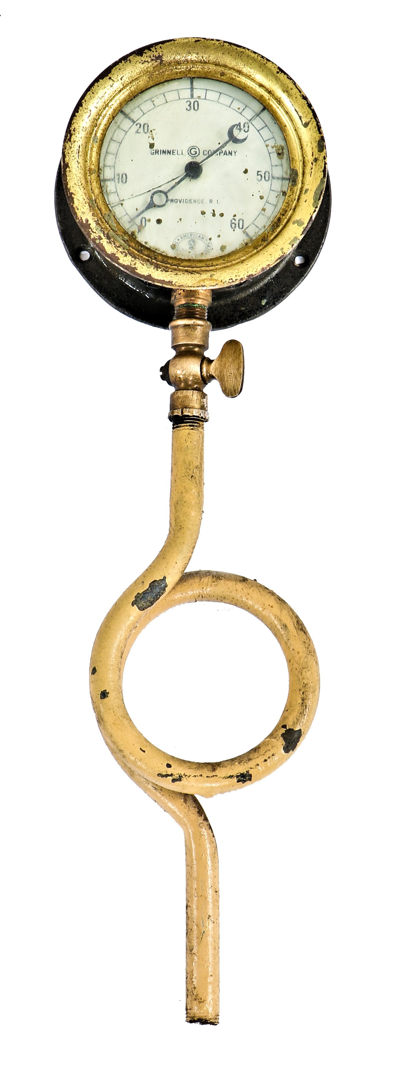hard to find original and intact industrial early 1900's crane brothers factory steam pressure gauge designed and fabricated for the grinneli company in providence, r.i.