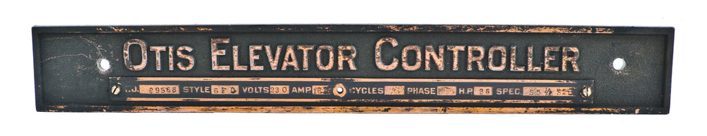 original early 20th century single-sided american industrial angled back crane brothers building otis elevator "controller" upright motor plaque with copper-plated finish