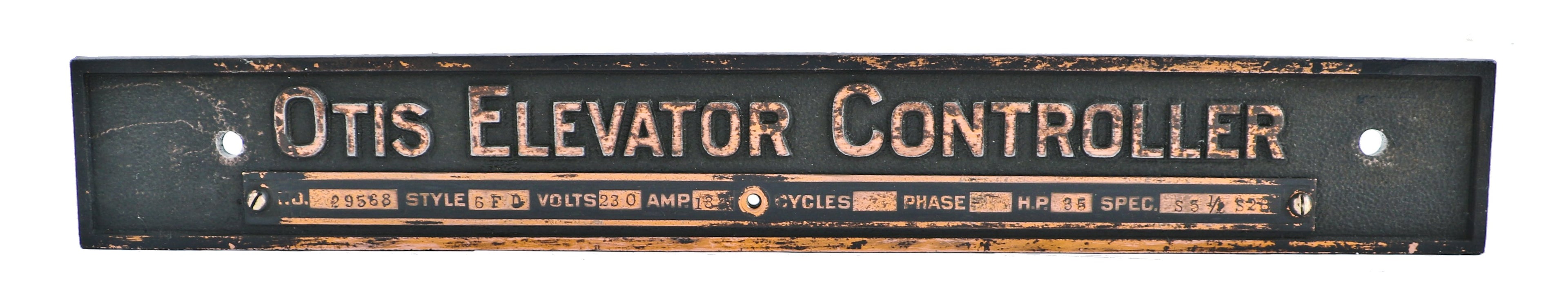 original early 20th century single-sided american industrial angled back crane brothers building otis elevator "controller" upright motor plaque with copper-plated finish