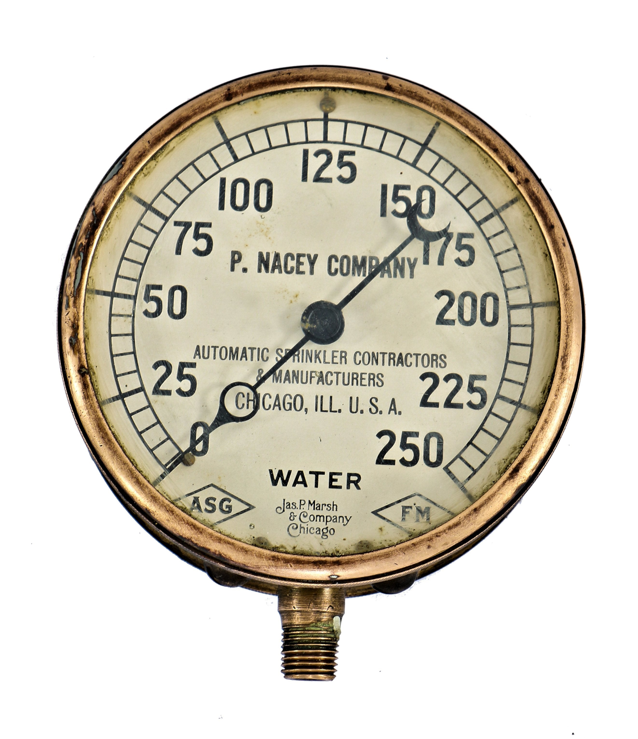 single lightly refinished antique american early 20th century crane brothers factory steam pressure gauge designed and fabricated for the p. nacey company in chicago, il.