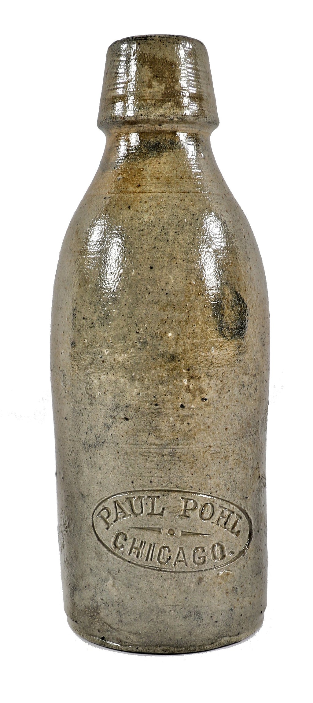 hard to find single all original antique american late nineteenth century gray stoneware or pottery weiss bottle manufactured for chicago bottler paul pohl.
