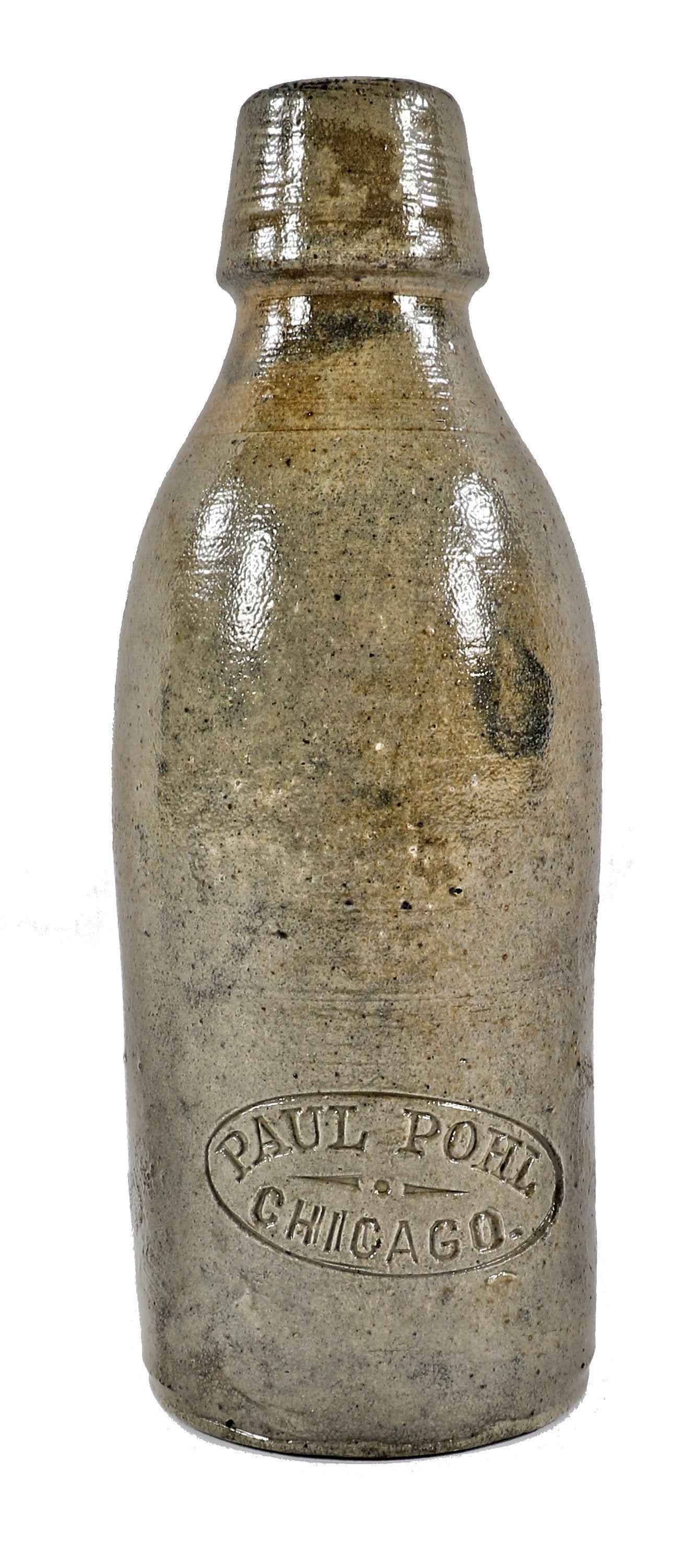 hard to find single all original antique american late nineteenth century gray stoneware or pottery weiss bottle manufactured for chicago bottler paul pohl.